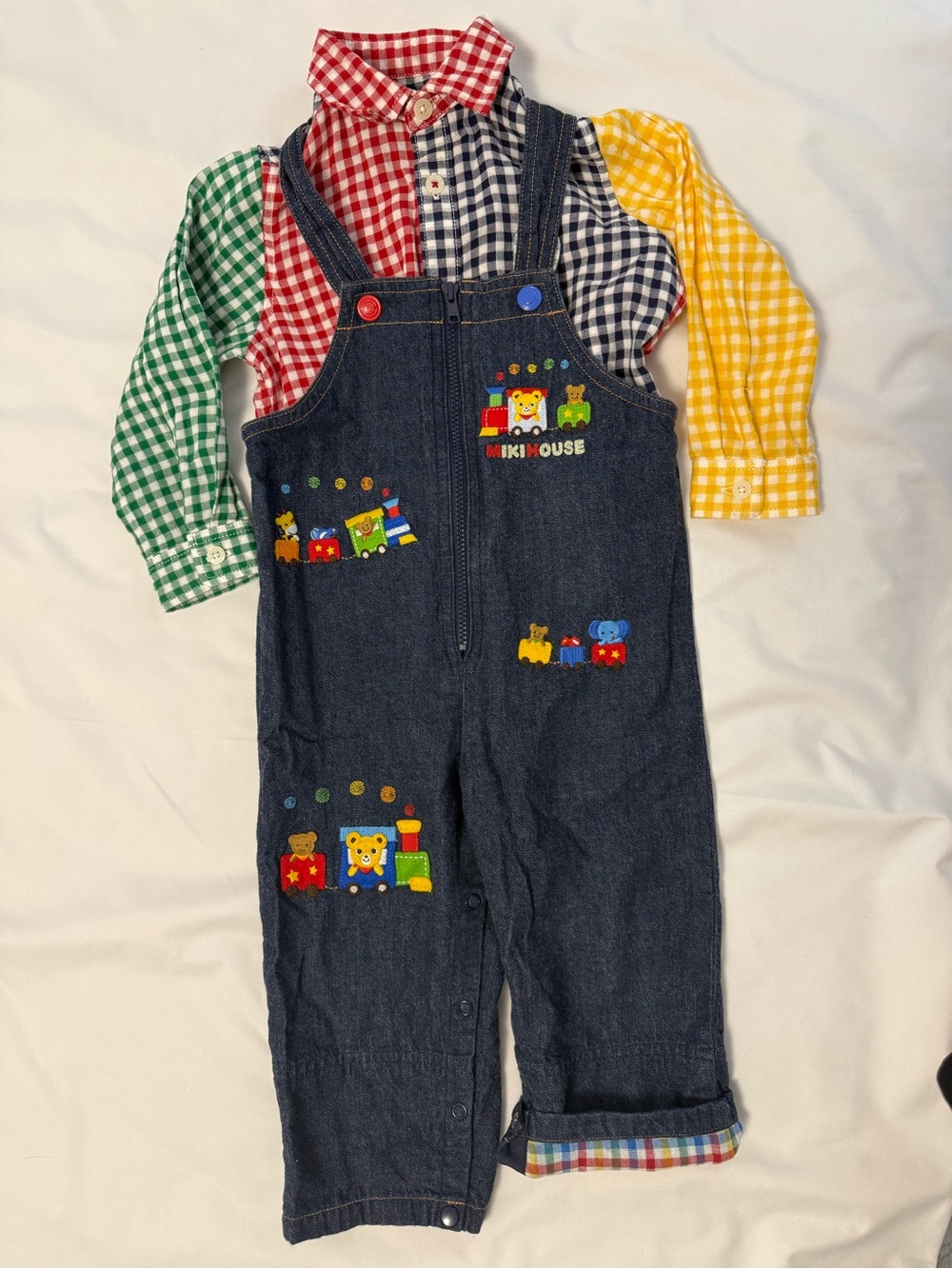 Miki House Dark Denim Overalls Set with Red/Green/Yellow Gingham Shirt